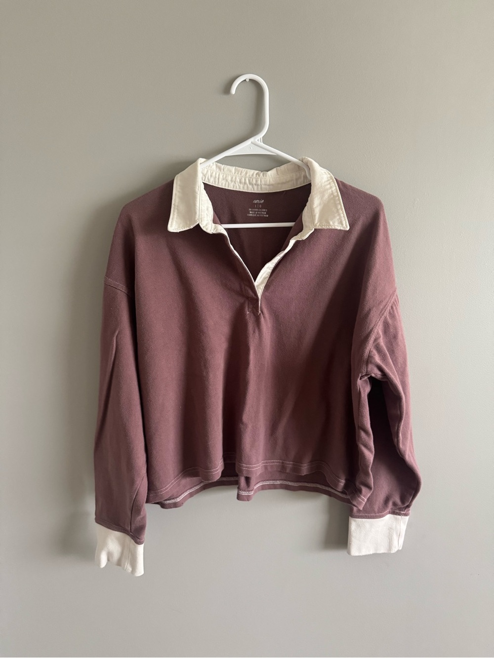 Aerie Women's Mauve Long-Sleeve Polo Top with Contrast Collar